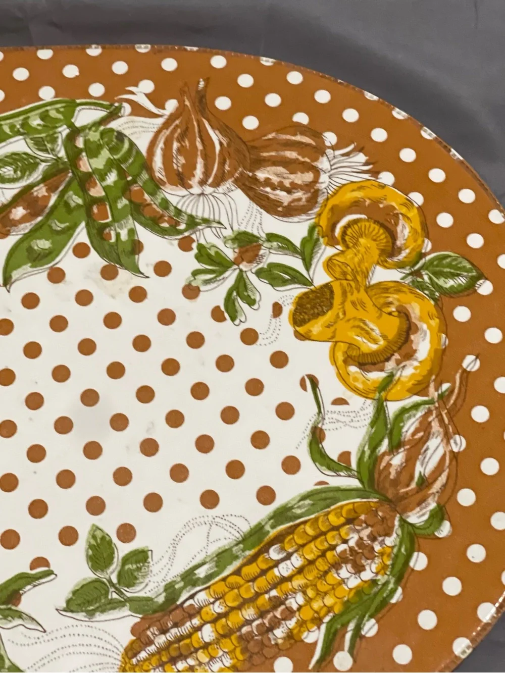 1970s Style Oval Plastic Placemats Brown Polka Dot Vegetable Corn Pattern